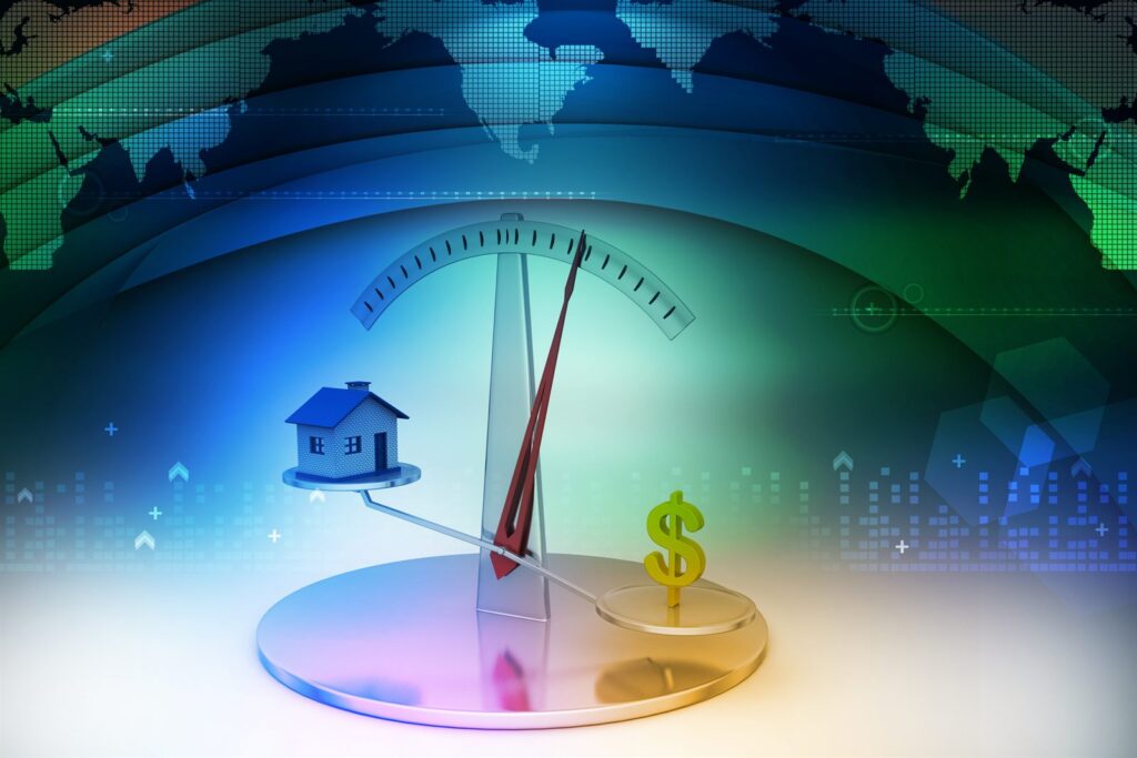 House and dollar sign balanced on a scale