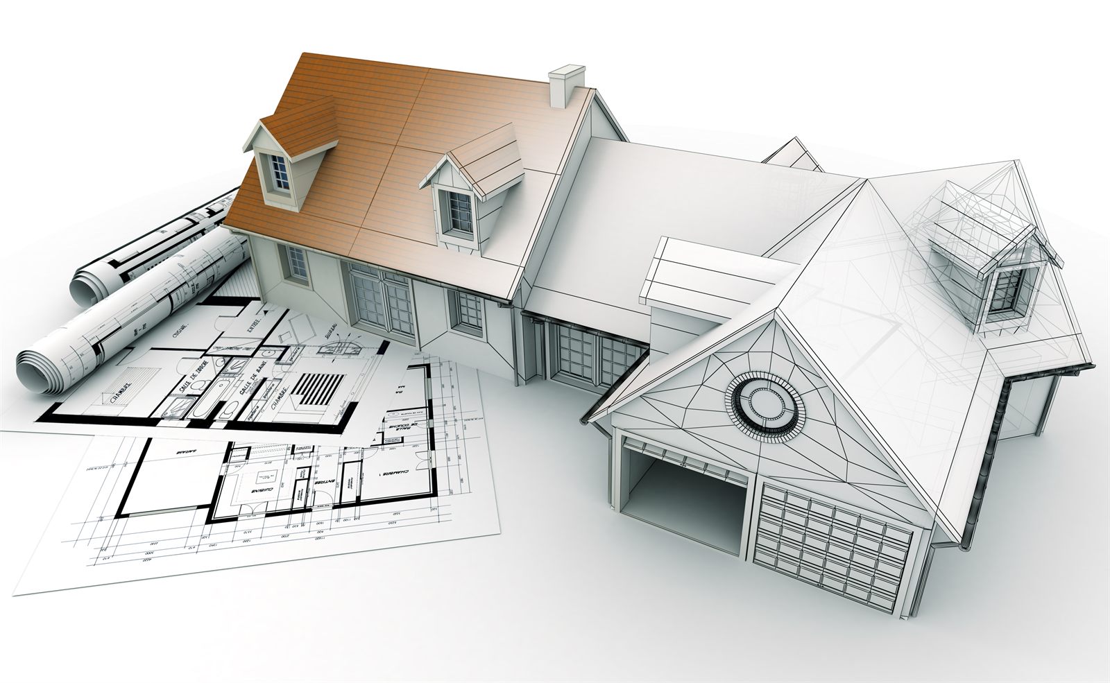 An architectural model of a house resting on blueprints
