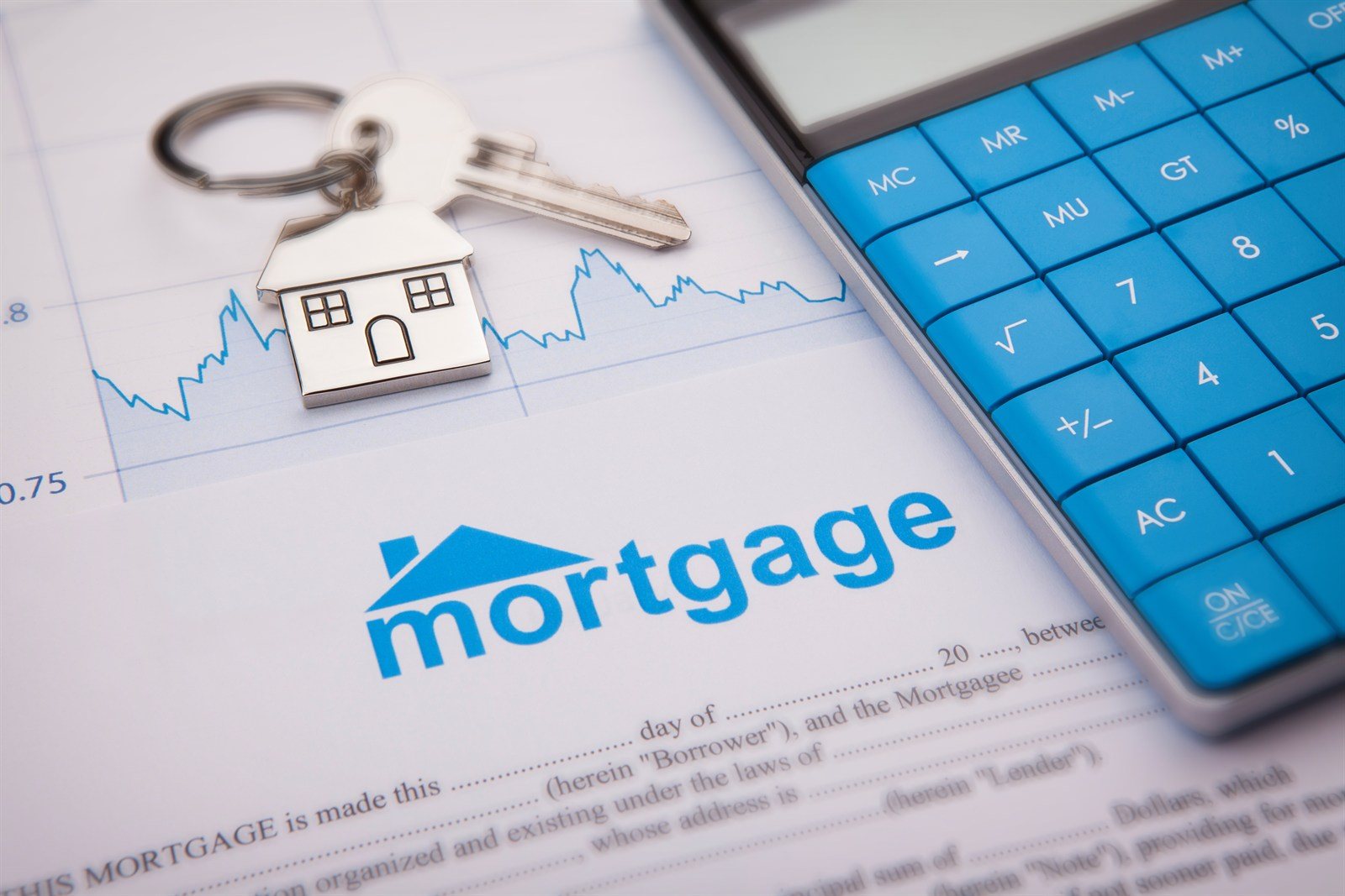 A mortgage document with house keys, a calculator and a rate chart