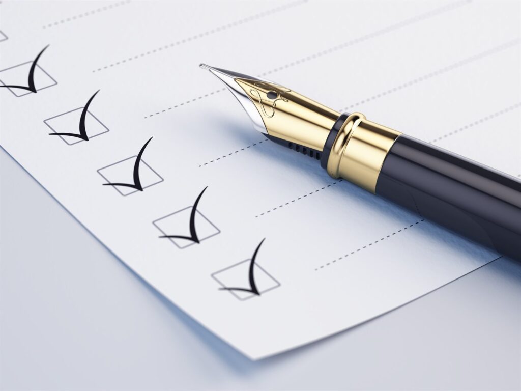A checklist with ticked boxes and a fountain pen
