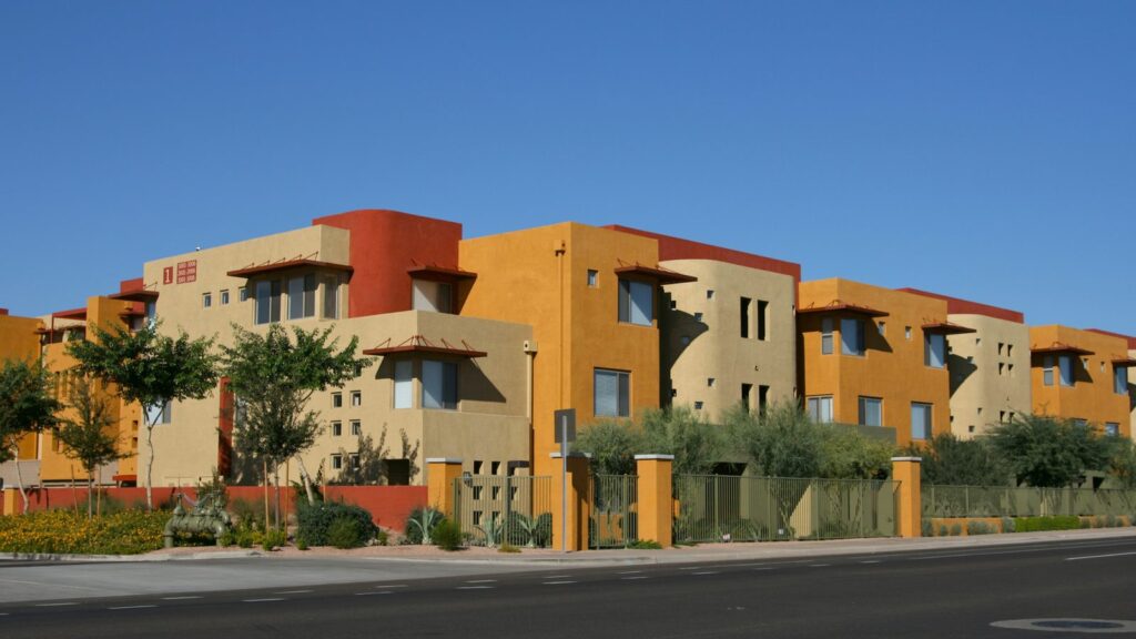 A row of Southwestern rental townhomes of the kind financed with a DSCR loan