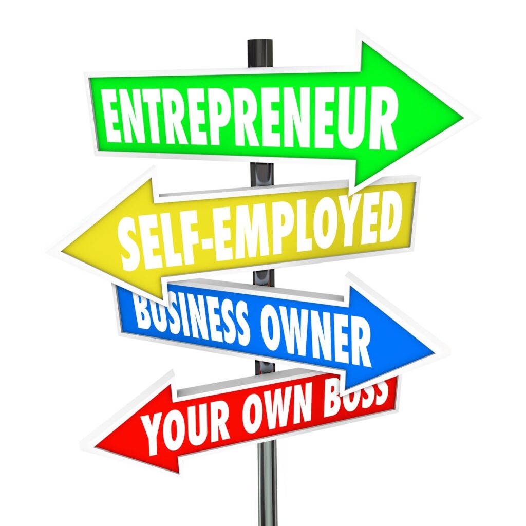Signpost with arrows reading entrepreneur, self-employed and business owner