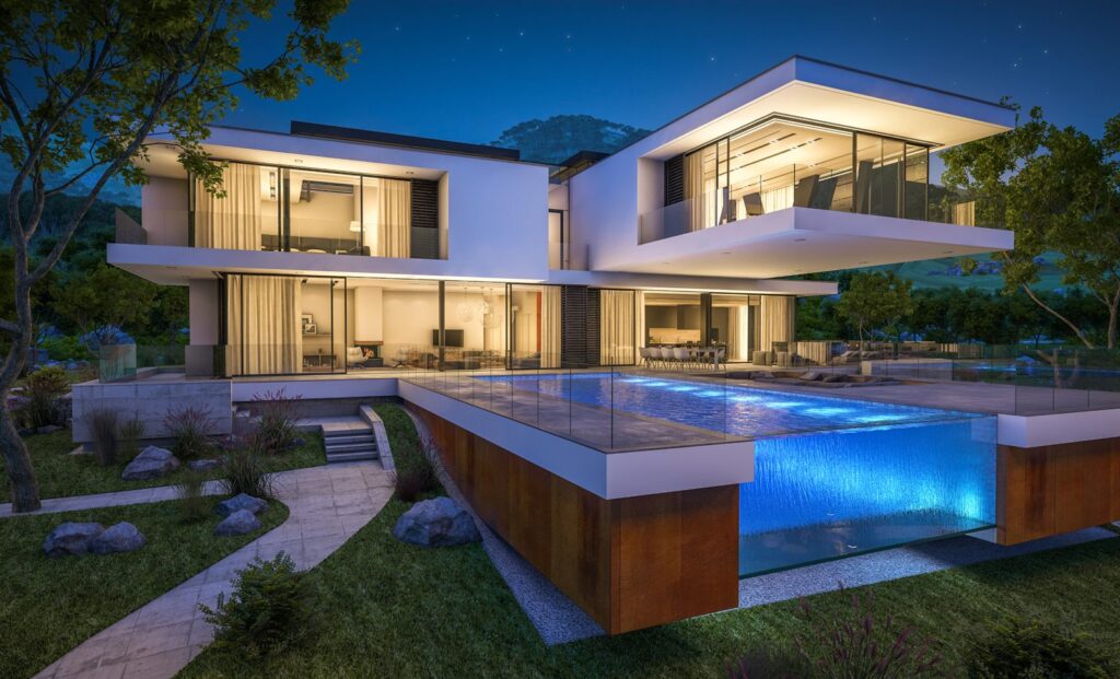 A modern home with a pool lit at dusk