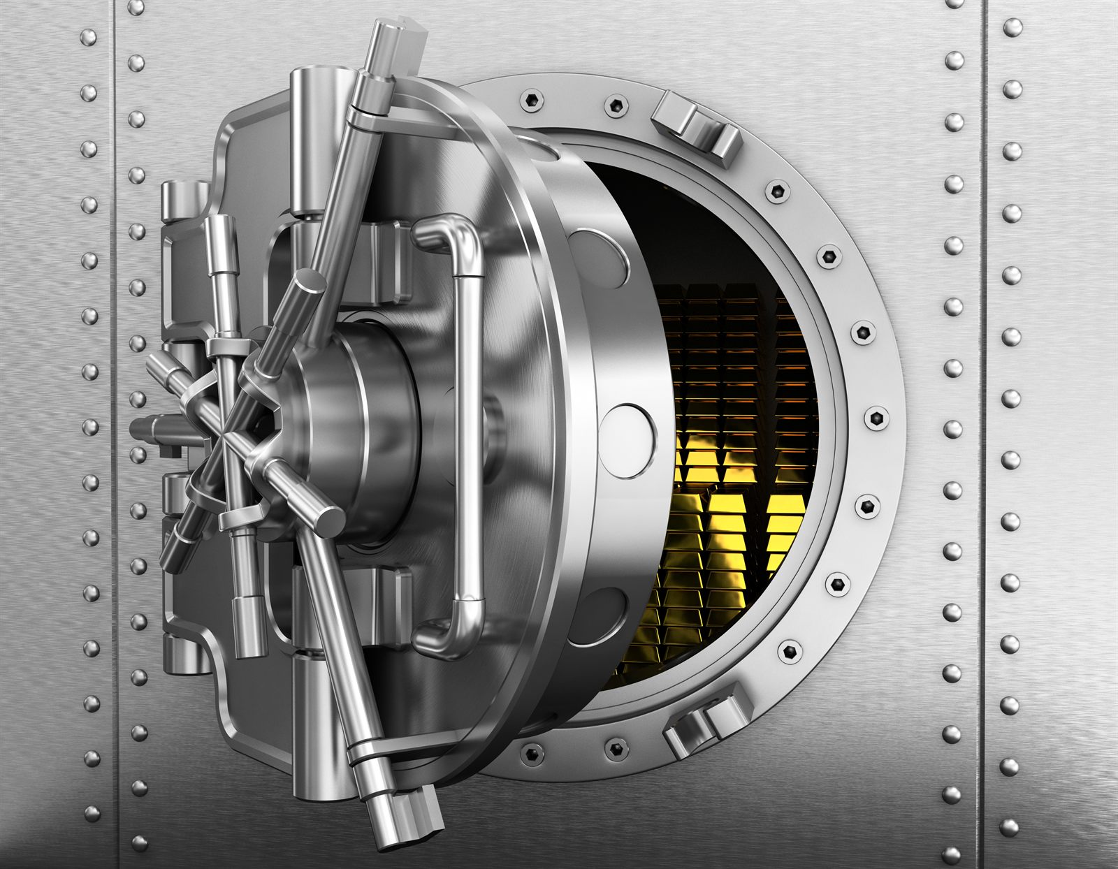 An open steel bank vault door
