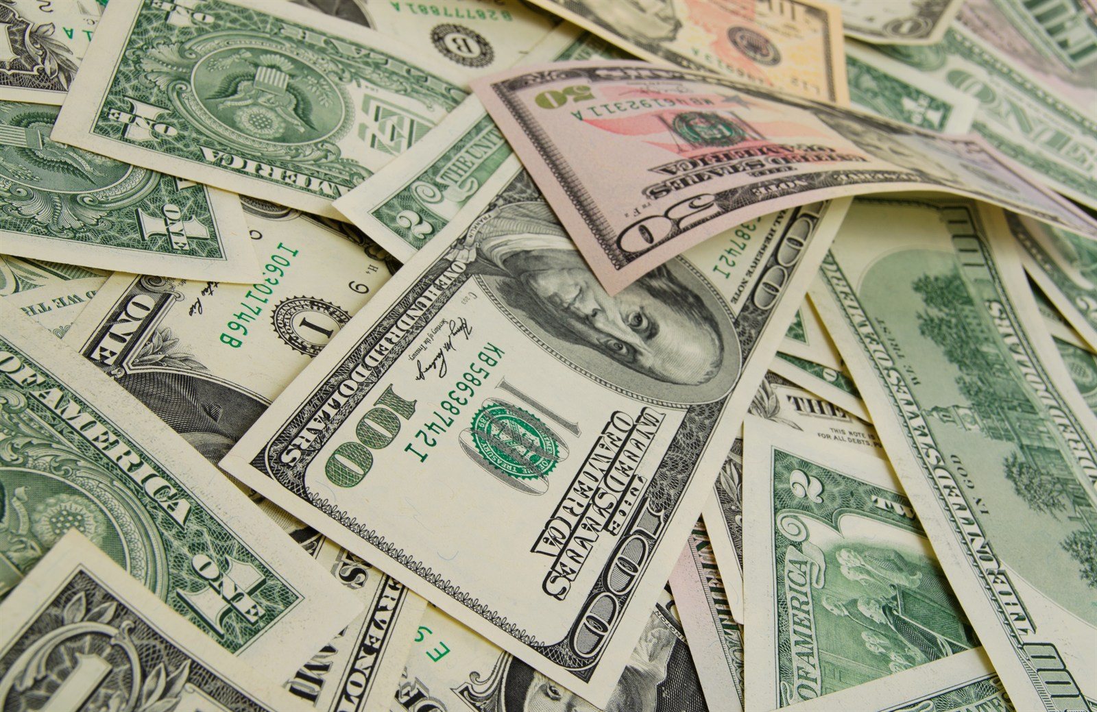 A spread of US banknotes