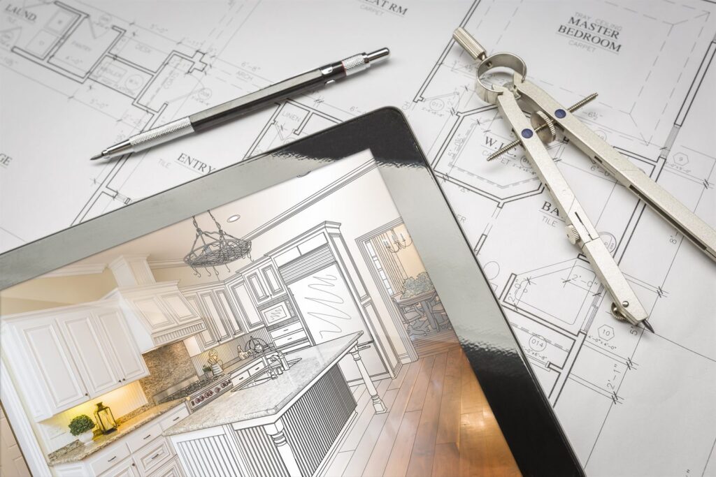 Tablet showing a kitchen renovation design